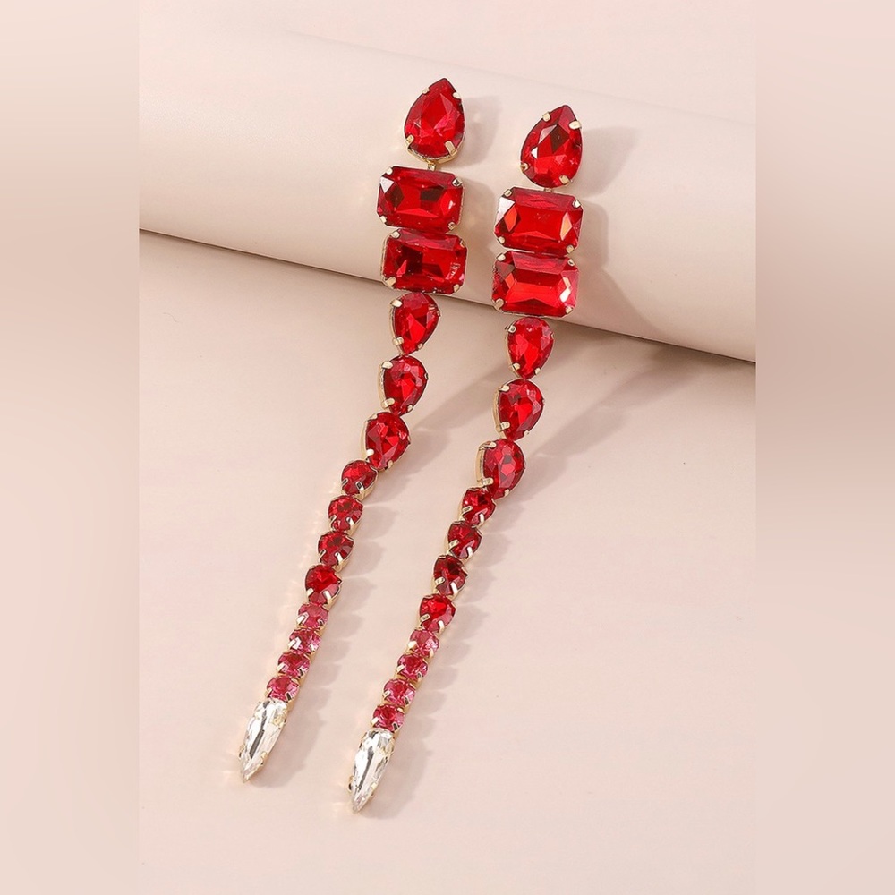 Vintage red clear crystal stone long tassel drop fashion earrings